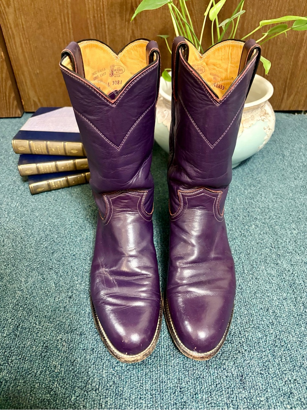 Justin Boots Purple Leather Mid-Calf Western Heeled Boots - Picture 2 of 4